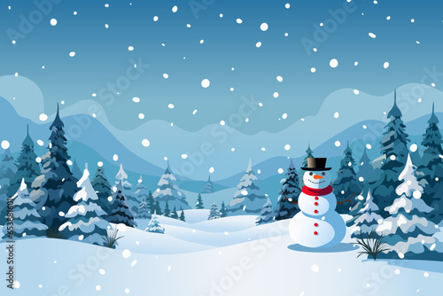 Snowman against the backdrop of forest and mountains in snowy weather. Beautiful winter landscape. Christmas design.