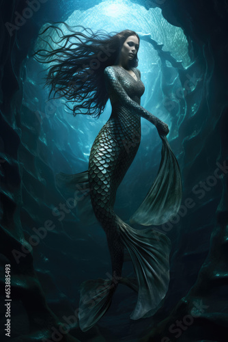 pretty mermaid with a long tail. crystal clear underwater ocean reefs and corals bubbles. female siren