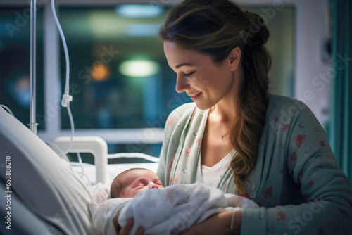 A touching moment as a new mother holds her precious newborn child in a hospital room