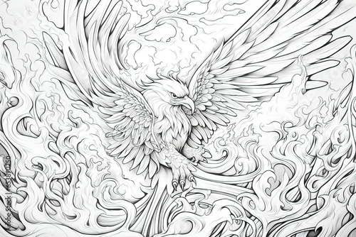 Soaring High: Phoenix with Majestic Wings Coloring Design