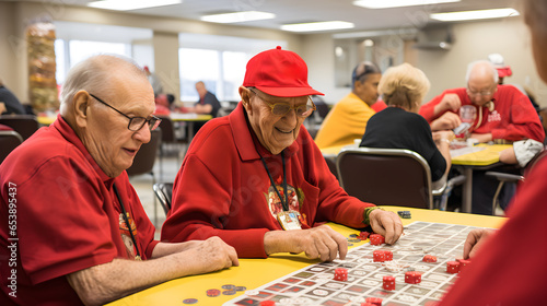 Happy seniors laughing and playing lottery, lotto or bingo. Smiling seniors winning the game
