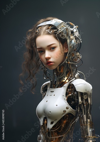 closeup woman robot suit headpiece popular anorexic figure android heroine girl portrait japanese teen desire young asian