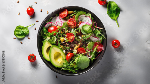 Top view of fresh salad with fresh vegetables - tomatoes, arugula, avocado, radish and seeds in a round bowl. Plate on marble table with copy space. 