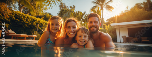 Happy family relaxing by the pool while on vacation