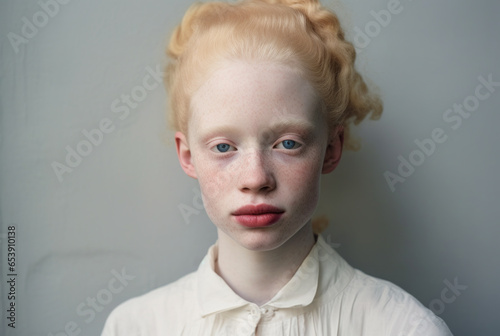 A portrait of a young woman with albinism