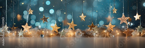 Gwiazdki świąteczne, ozdoby i dekoracje na niebiesko złotym tle. 