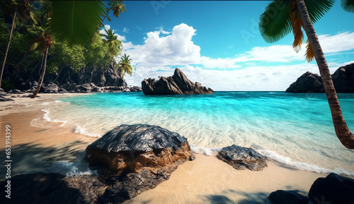 Tropical island sea beach scene palm trees wallpaper AI Generated image