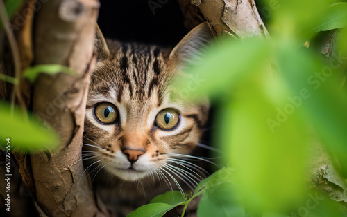 A brown cat in close-up amidst the green leaves of a tree. Cat hiding between leaves from curious eyes full of caution.