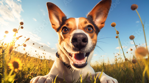 Funny portrait of a smiling Jack Russell Terrier dog playing in the meadow with copy space. Concept of products for protection against ticks and fleas.