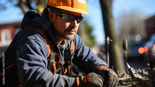 A professional electrician carries out repair work on a pole. Dangerous profession under voltage. A man in a worker's helmet and rubberized gloves. Wire repair work