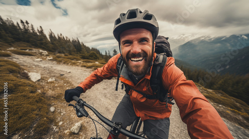 A smiling man riding a bike and taking a selfie outdoors in the mountains.