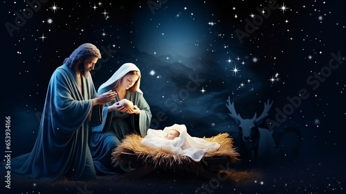 A serene nativity scene with the Holy Family under a starry night, Christmas cards, with copy space