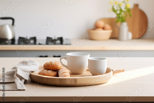 Wooden tray with two cups of coffee and some croissants. Perfect for cozy breakfast or coffee break.
