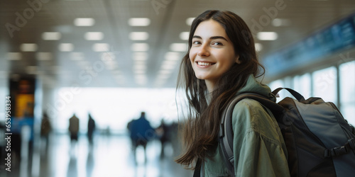 Portrait of a young, smiling woman in autumn clothes in the airport with copy space. Woman travelling concept. 