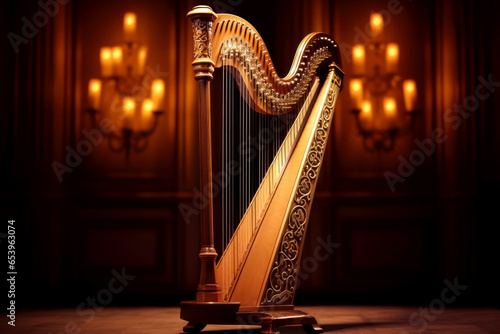Musical instrument harp with strings in beautiful dark hall close-up