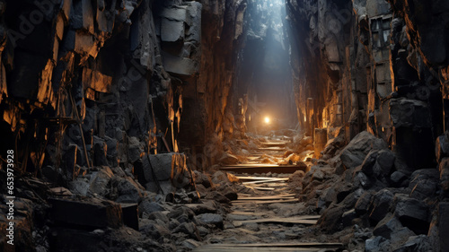 Dark mine tunnel, cave with rocks and wood, old underground passage