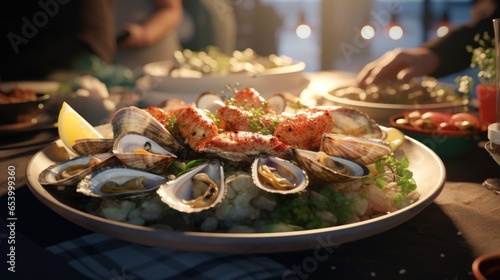 The image showcases a visually stunning seafood platter that stars plump clams, effortlessly stealing the spotlight with their inviting presentation, promising a taste experience like no