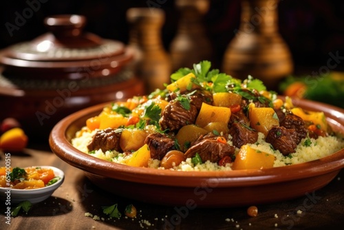 Served on a bed of fluffy couscous, a succulent Moroccan tagine arrives in an earthy clay pot, featuring tender chunks of braised lamb, meltinyourmouth apricots, fragrant herbs, and warming