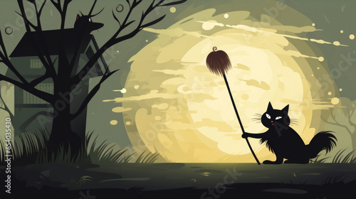 A mischievous black cat crosses the path of a witch, causing her broomstick to go out of control. Halloween cartoon