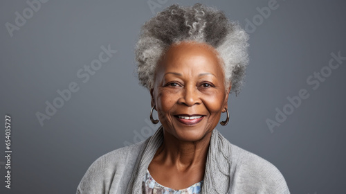 Elderly Afro-American woman with a curly grey afro, smiling warmly against a muted gray background.