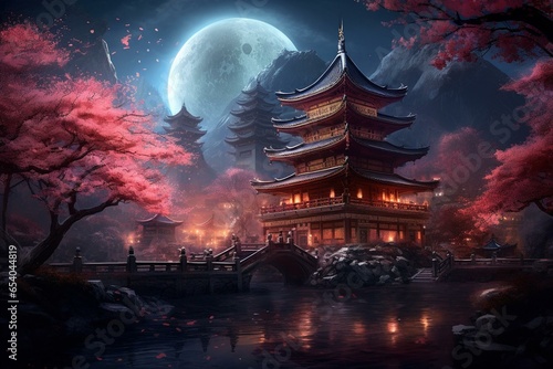 Stunning night scene with gothic-style illustration, surreal elements, religious building, cherry blossoms, and a Chinese temple. Generative AI