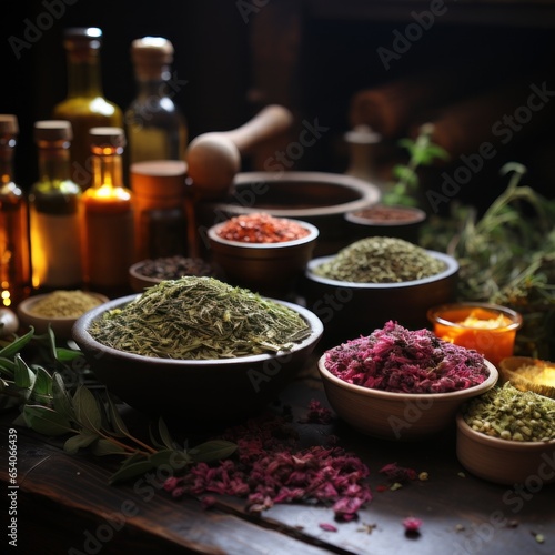 Herbal organic medicines from plant extracts of ginger, turmeric, galangal etc. to heal traditionally. Great for nutrition, immune, business, herbal companies, health blogs etc. Image of generative Ai