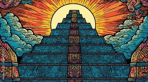 Mayan pyramids and religious artwork. Fantasy concept , Illustration painting.