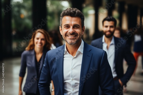 Team of coworkers, man and womens , colombian, dressed in a suit of dark blue. Generative AI.