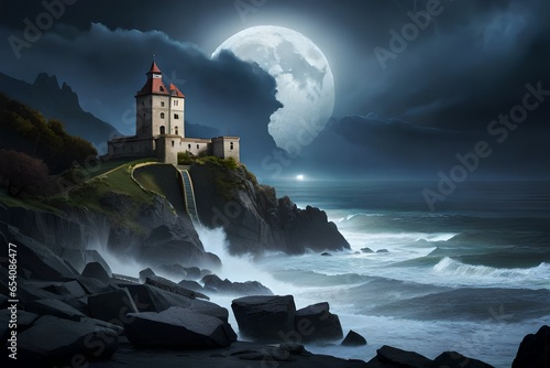 A dilapidated, forgotten castle on a rugged cliff, surrounded by crashing waves and a stormy, moonlit sky