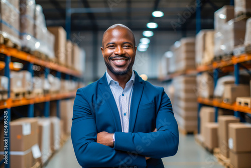 Portrait of a proud African American business owner in suit, standing in warehouse. A concept of success, determination, and leadership