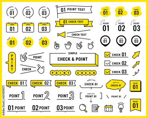 チェックとポイントのシンプルなデザイン装飾セット。ベクターイラスト。