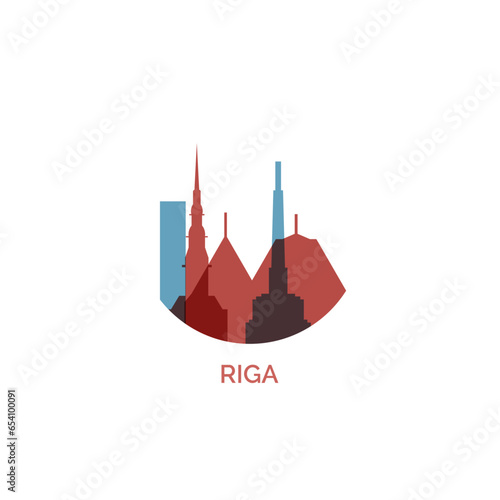 Latvia Riga city cityscape skyline capital panorama vector flat modern logo icon. Baltic region town emblem idea with landmarks and building silhouettes