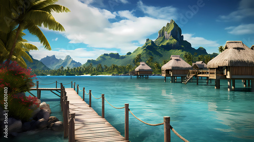 View of Bora Bora island with clear water and overwater bungalows