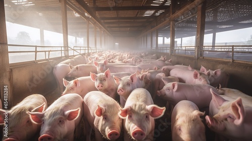 Agricultural Crops: Pigs in pig farms still eat from troughs. Food in the barn, healthy pigs, pig farm