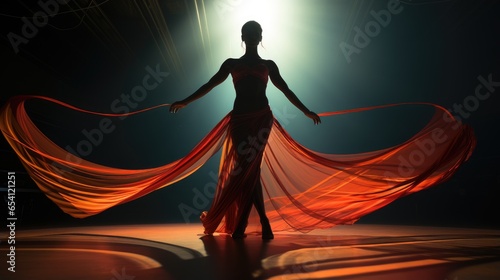 A rhythmic gymnast twirling a red ribbon-like dress, a silhouetted woman dancing, a backlit stage performance. Generative ai