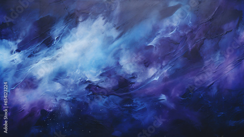 A blue and purple abstract painting on a black background