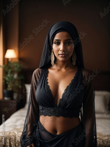 muslim woman wearing black burkha and lingerie in bedroom