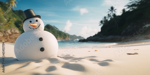 Close up of snowman on the beach. Sunny day, tropical island and sea, summer.