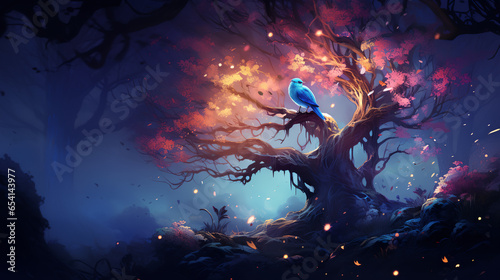This image is a vibrant digital artwork depicting a luminous blue bird perched on an ancient tree with magical glowing leaves and a mystical atmosphere.