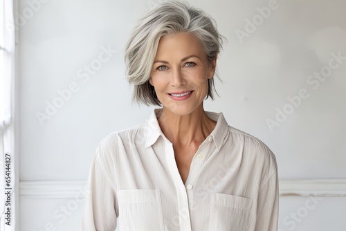 Senior woman portrait, mature grey haired beautiful smiling lady with light background, studio shooting