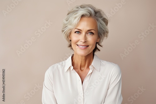 Senior woman portrait, mature grey haired beautiful smiling lady with light background