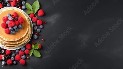 Delicious pancakes with fresh berries on a black stone background