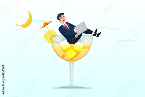 Businessman relax working remotely with computer laptop in cocktail glass at night, work anywhere anytime, hybrid work or flexible hour for employee choice to choose where and when to work (Vector)
