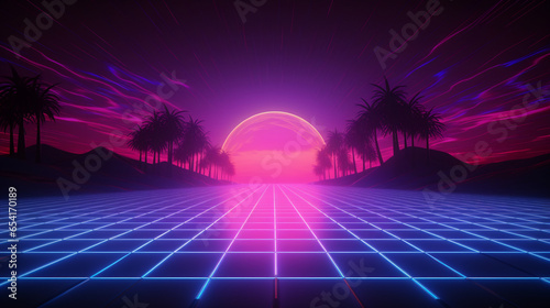 Synthwave retro background with glowing neon lights