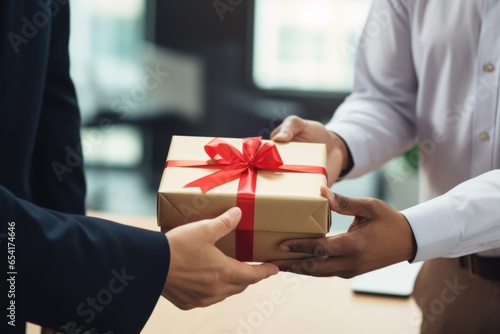 Close up view of hands Giving a business gift in an office.