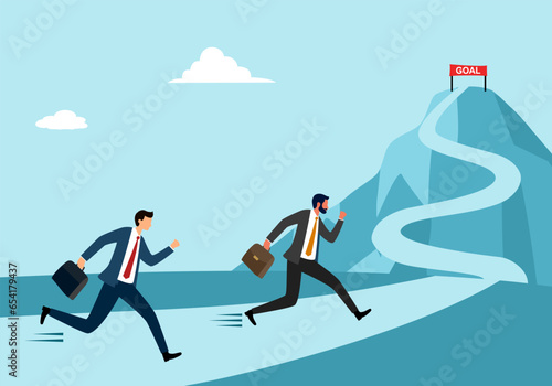 Business competition concept. Businesspeople climbing mountain to the goal in flat design.