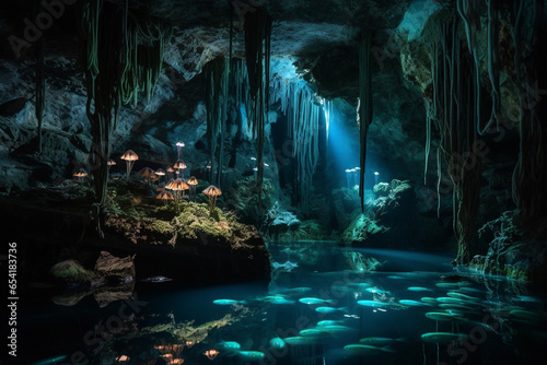 Beneath a cascading waterfall, a hidden grotto reveals a symphony of bioluminescent creatures, their gentle glow creating a mesmerizing underwater orchestra of light and sound.