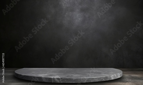 empty grey marble table top, dark black rustic cement stone background, product stand display, empty space, party, promotion banner, Generative AI