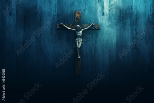 wood jesus cross, dark black blue horror night background, scary haunted thriller theme, good friday, Generative AI