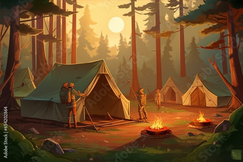 Illustration of scouts camp in forest. Generative AI